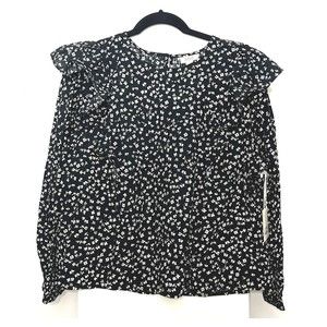 ANA Flowy Ditsy Floral Ruffle Trim BlacLong Sleeve Pleasant Blouse sz 2XL Petite